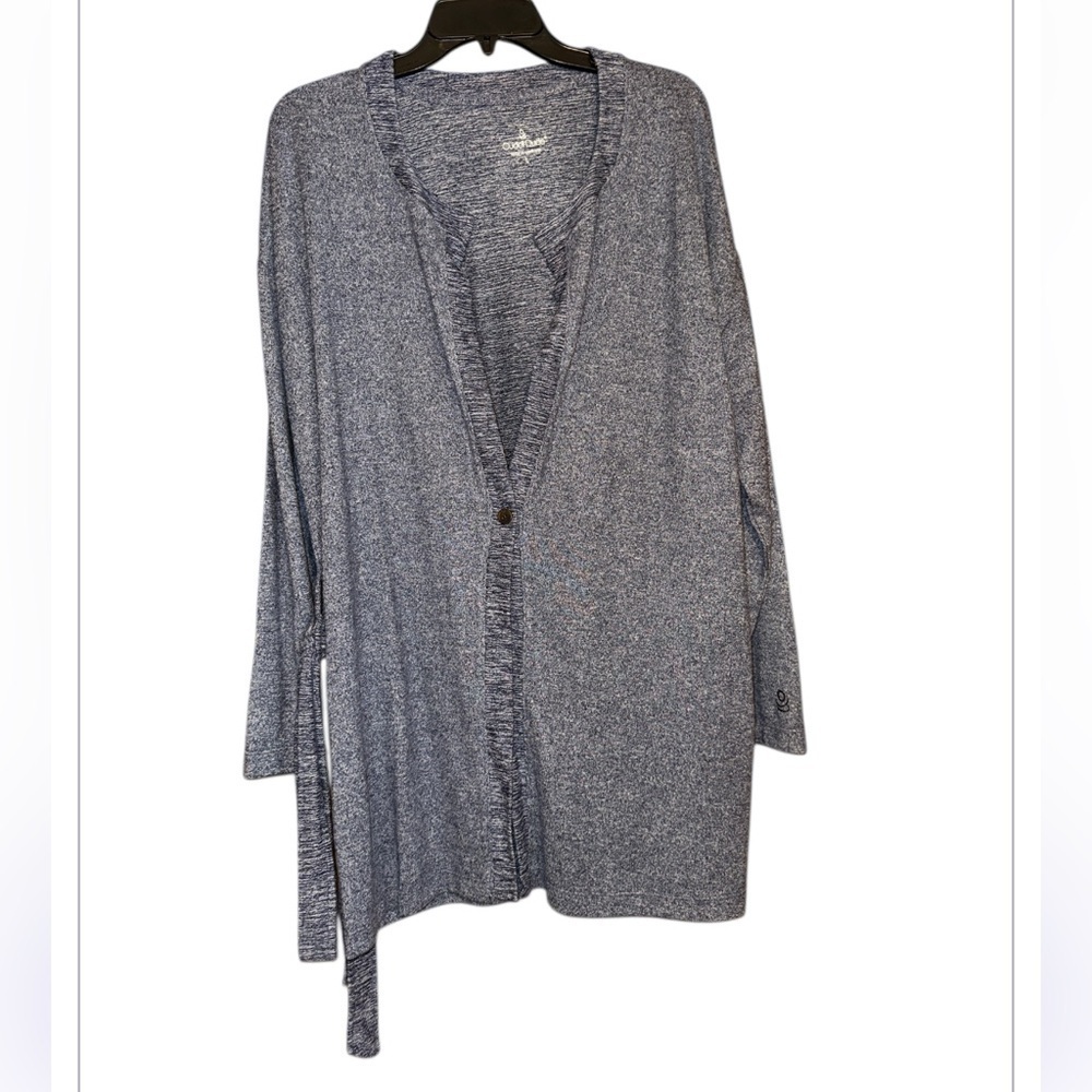 Women's Blue Cardigan Sweater 1 button, belt, size large Cuddle Duds